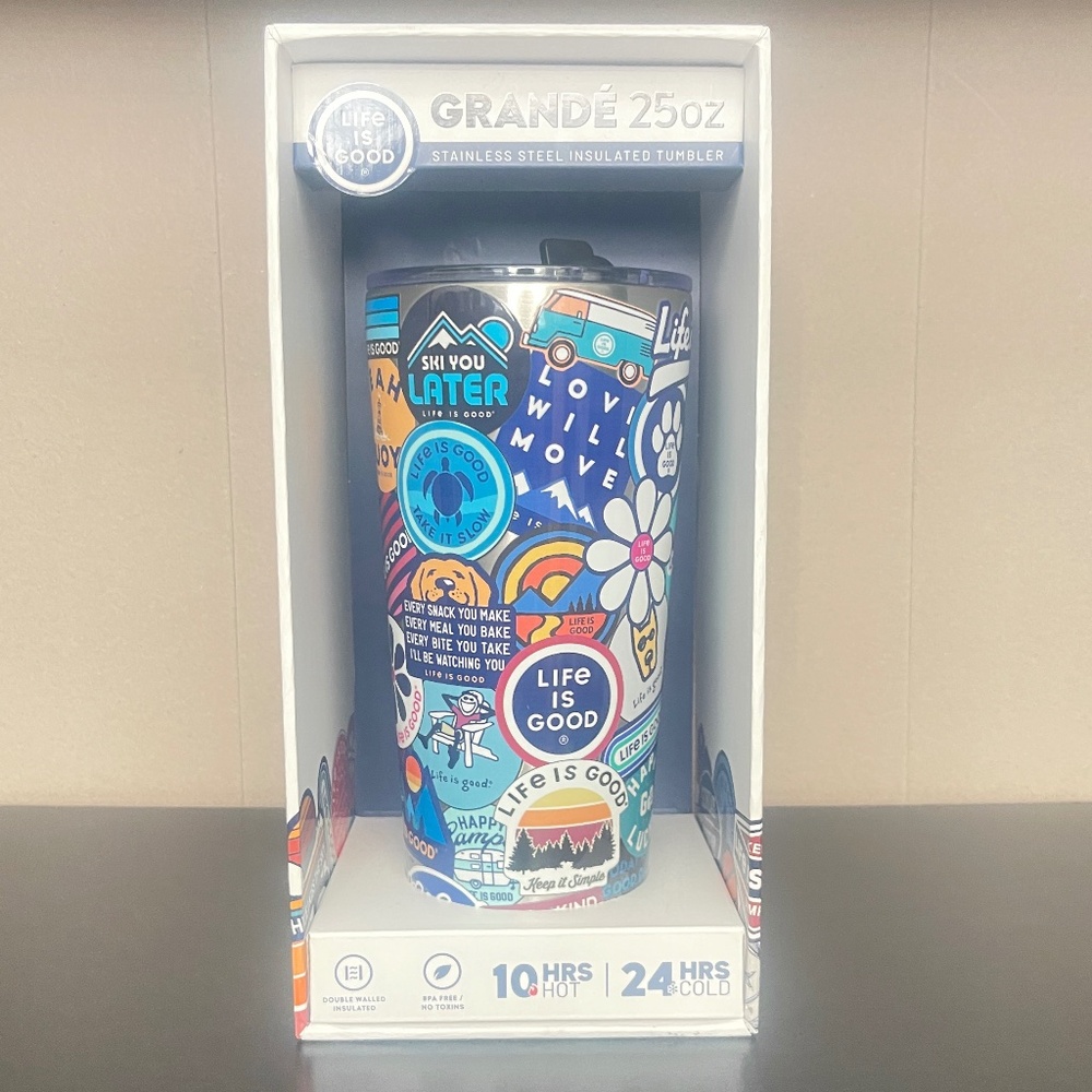 Life is Good  Stainless Steel insulated Tumbler with Straw 25oz stickers collage